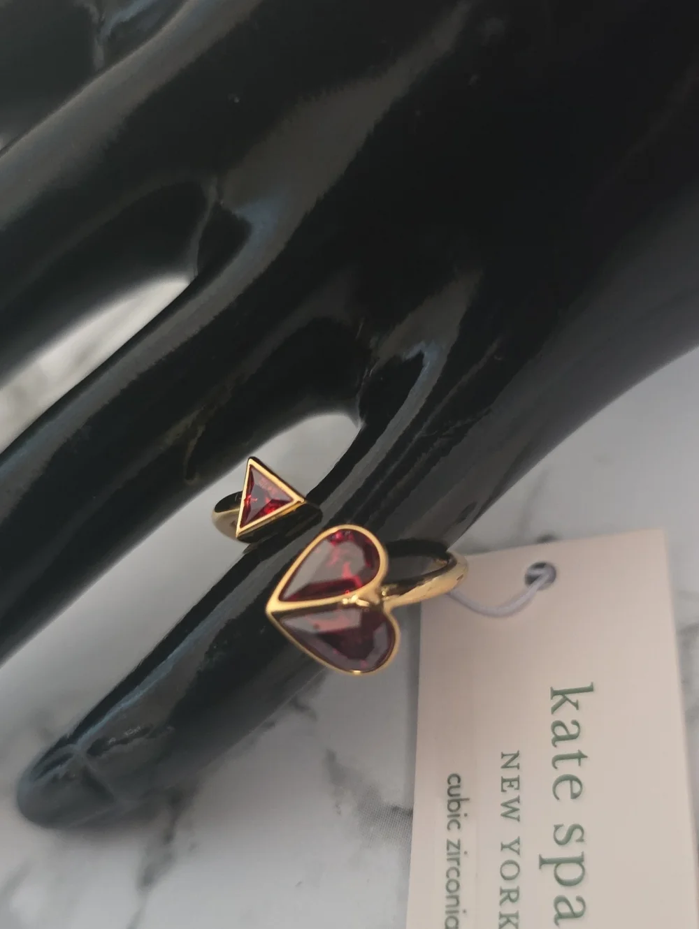 Kate Spade Gold Ring with Red Heart & Triangle Stones